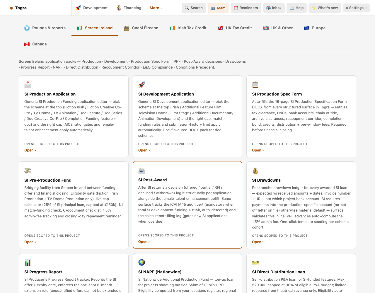 Funder applications with tabs for Rounds and reports, Screen Ireland, CnaM Éireann, Irish Tax Credit, UK Tax Credit, UK and Other, Europe and Canada, showing the Screen Ireland packs.