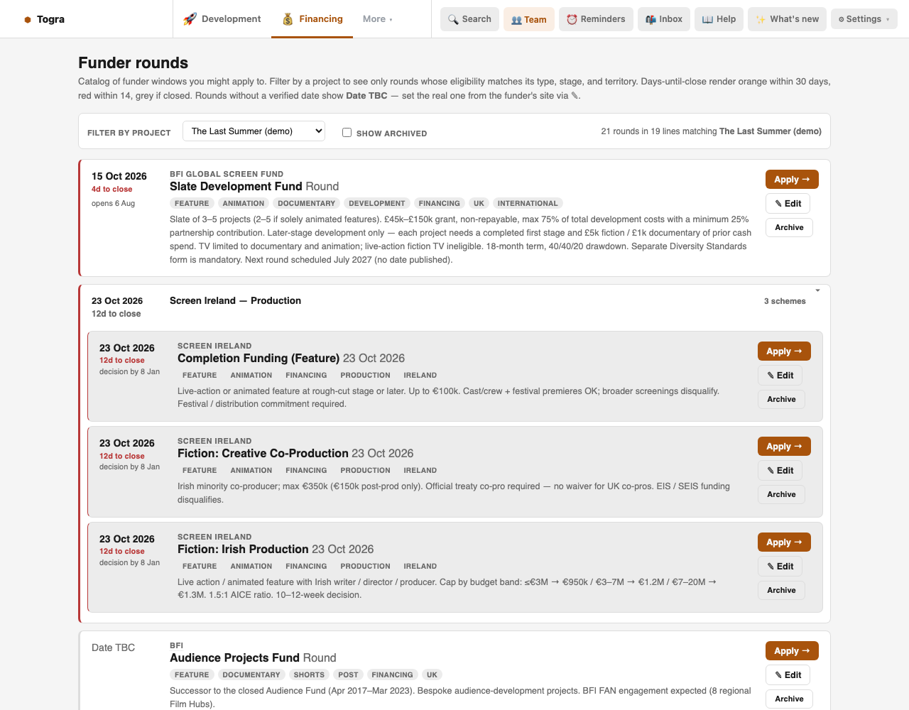 Funder rounds matching the all-island demo, including Screen Ireland, BFI and NI Screen rounds.
