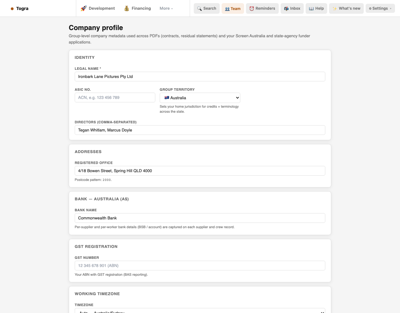 Company profile for a fictional Brisbane company: legal name, ACN field, Australia as group territory, directors, registered office in Spring Hill QLD and an Australian bank.