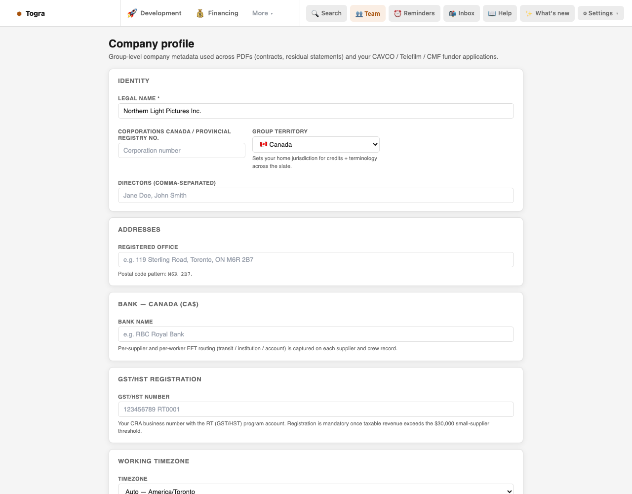 Company profile for a fictional Ontario company: corporation number, GST/HST business number, Canadian bank, Ontario.