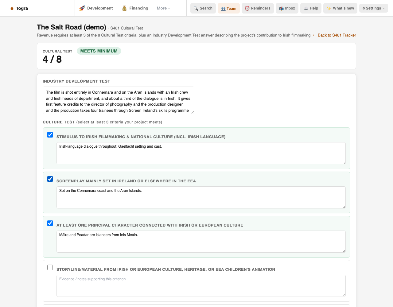 S481 Cultural Test showing 4 of 8 criteria met, the Industry Development Test answer, and evidence for each ticked criterion.