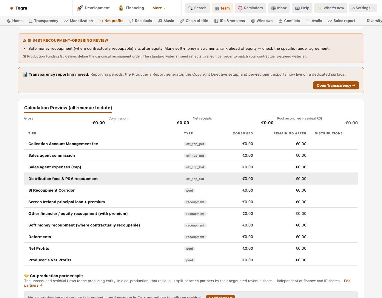 Waterfall tiers: collection account fee, sales commission and expenses, distribution fees, SI Recoupment Corridor, Screen Ireland principal loan and premium, equity, soft money, deferments and net profits.