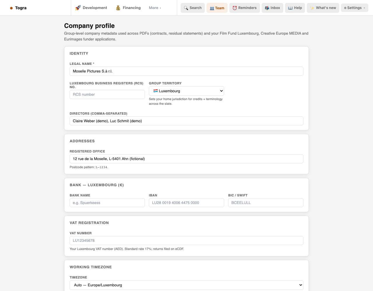 Company profile for a fictional Luxembourg production company.