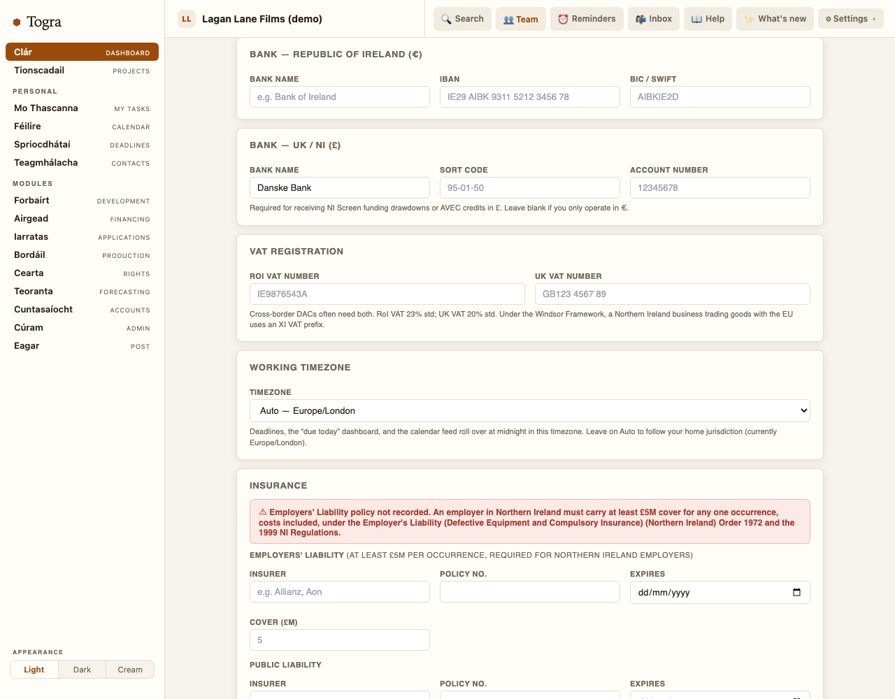 Company profile for a fictional Belfast company: Republic of Ireland and UK bank sections, Irish and UK VAT numbers with the Windsor Framework note, time zone and Employers' Liability insurance.