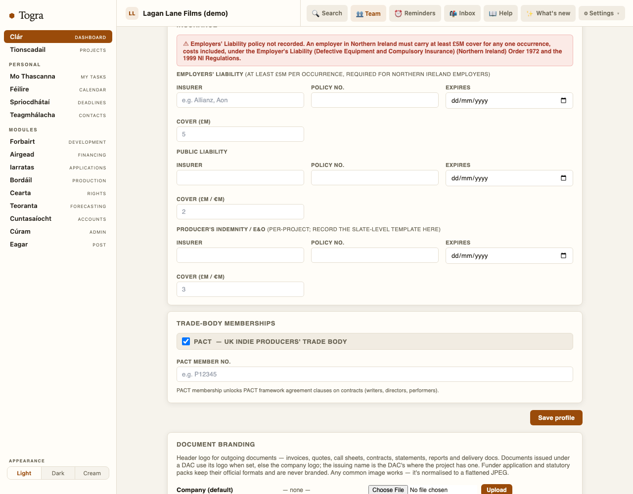 Insurance section of the Belfast company's profile: a warning that no employers' liability policy is recorded, citing the Northern Ireland Order 1972 and the £5M minimum.