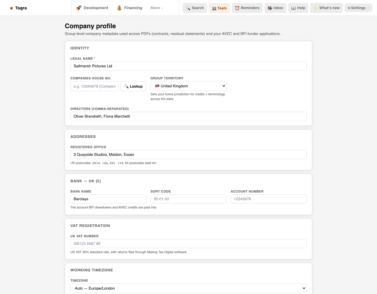 Company profile for a fictional Essex company: legal name, Companies House number field, United Kingdom as group territory, directors and registered office.